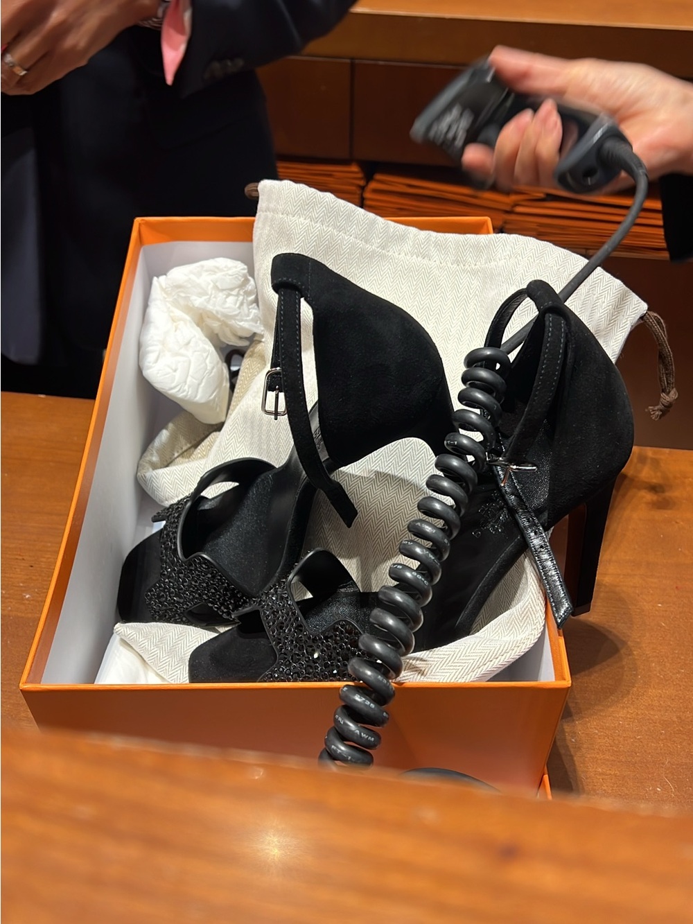Hermes JOY Black Suede High Heel Sandals with Embellished Straps 36
